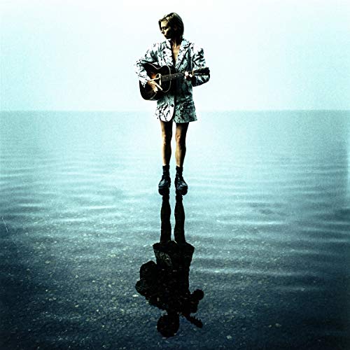 "Album cover featuring a woman floating above water, holding a guitar."