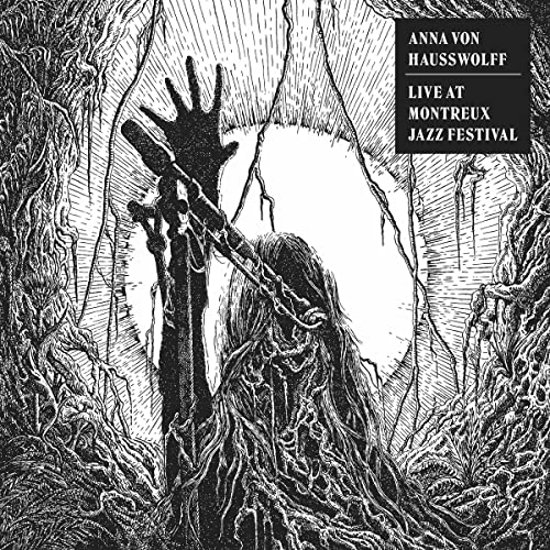 Black and white illustration of a figure with raised arms, album cover.