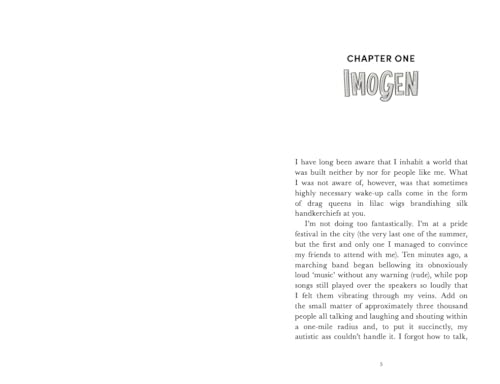 Book page with text reading "Imogen" and a paragraph about personal experience.