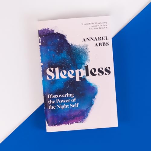 Book cover for “Sleepless” with blue and purple abstract paint splash.