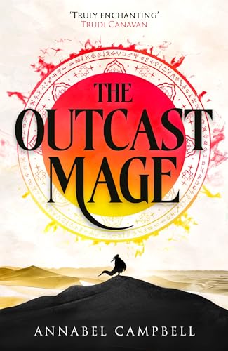 Book cover: “The Outcast Mage” with a red sun and lone figure.