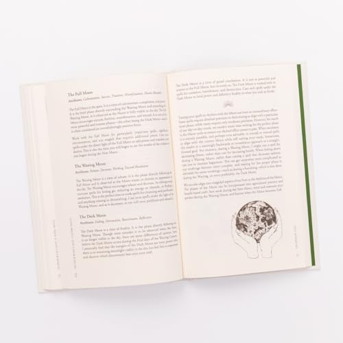 Open book, “The Green Witch’s Guide,” displaying text and a moon illustration.