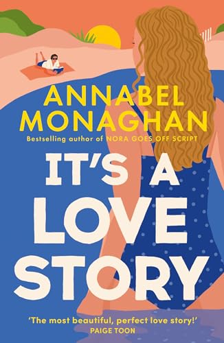 Book cover: woman with long hair, couple on beach, title “It’s A Love Story”.