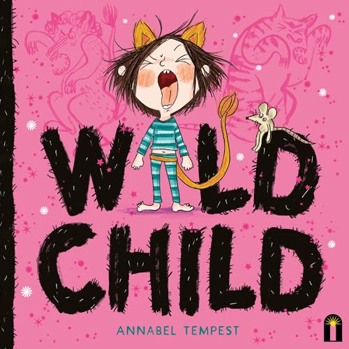 Book cover: illustrated child with animal features yelling, pink background.