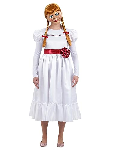 Person wearing an Annabelle doll mask, ginger pigtails, and a white dress with red sash.