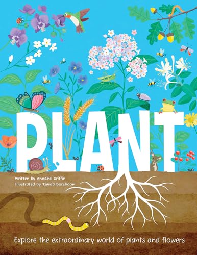 Book cover with colorful plants, flowers, insects, and animals on a blue and brown background.