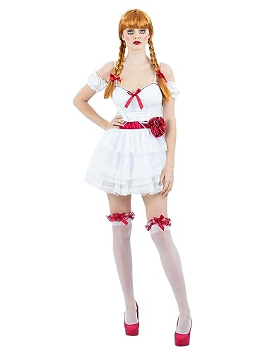 Woman in a white, ruffled Annabelle doll-inspired costume with red braids.