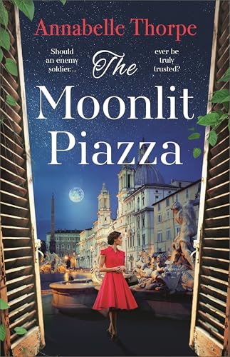 Book cover: woman in red dress, Italian piazza, and shuttered window.