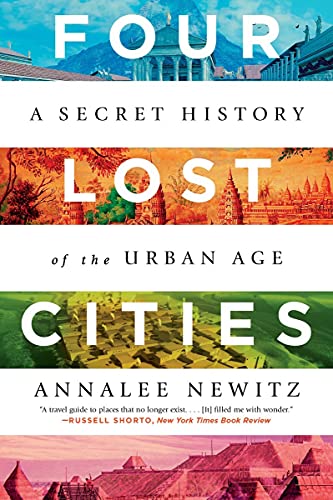 Book cover for "Four Lost Cities" with fragmented city imagery.