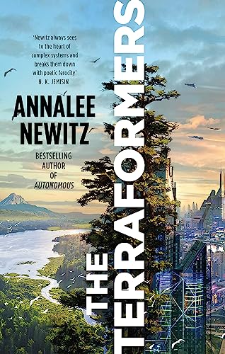 Book cover: futuristic cityscape with a mountain and flying creatures.