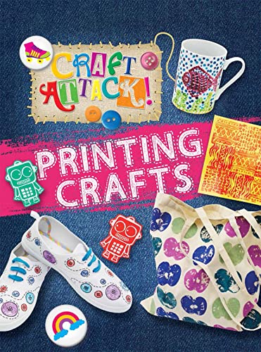 Book cover with printed crafts: shoes, bag, mug, and robot pins.