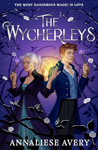Book cover illustration showing a man and woman holding wands amidst thorny rose vines.