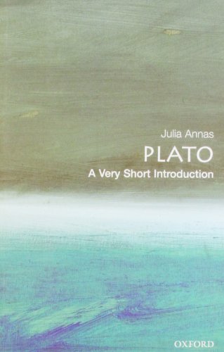 Book cover for Plato: A Very Short Introduction by Julia Annas, with abstract background.