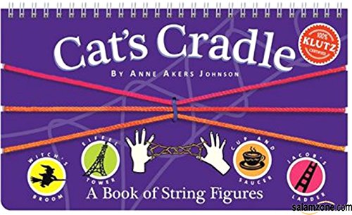 Purple book cover with string art diagrams and hands making shapes.
