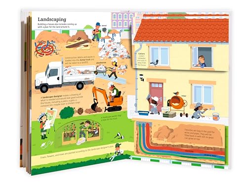 Open book page illustrating home construction and landscaping with workers.