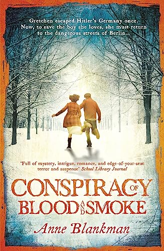 Book cover: couple running through snowy trees, titled “Conspiracy of Blood & Smoke.”