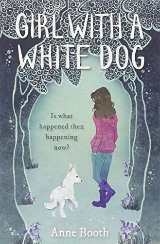Book cover showing a girl in a pink hoodie standing with a white dog.