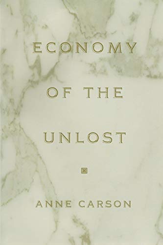 Book cover: "Economy of the Unlost" by Anne Carson, marble texture.