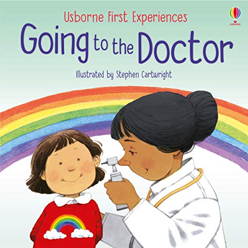 Doctor examining a young child with a stethoscope, rainbow background.