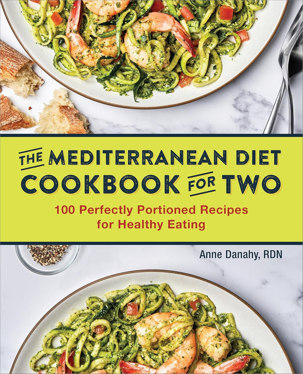 Cookbook cover with pasta, bread, and title: "The Mediterranean Diet Cookbook for Two".