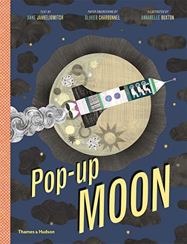 Book cover: rocket ship flying towards a textured, illustrated moon.