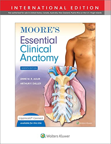 Textbook cover for Moore's Essential Clinical Anatomy featuring a human torso and skeletal illustration.