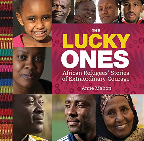 Book cover featuring portraits of diverse African people and the title The Lucky Ones.