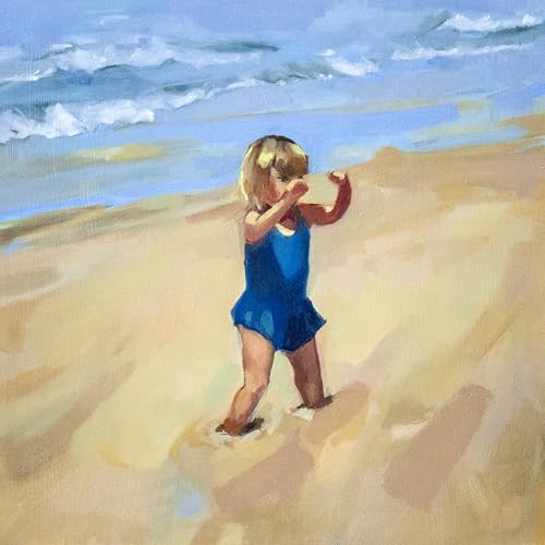 Painting of a young child in a blue swimsuit on a sandy beach.