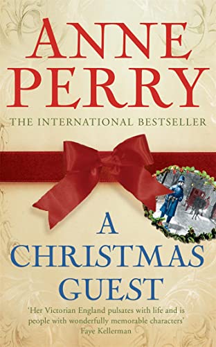 Book cover for "A Christmas Guest" by Anne Perry, with a red bow.