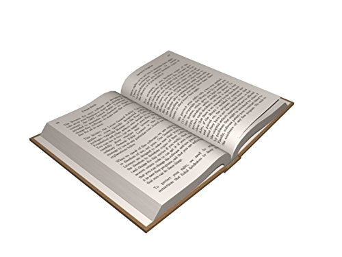 Open book with densely printed pages and a light brown cover.