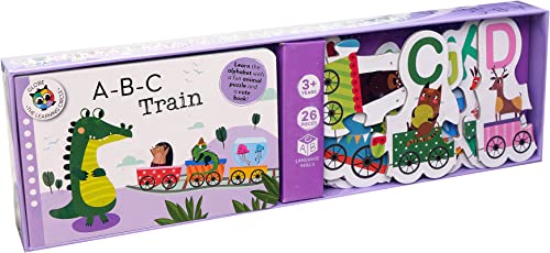 Colorful alphabet train puzzle box with animal illustrations, for ages 3+.