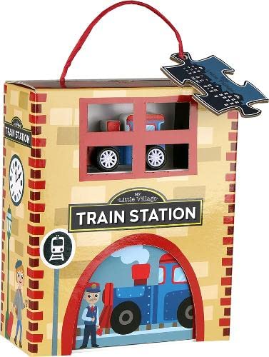 Cardboard train station playset with a blue train and conductor figure.