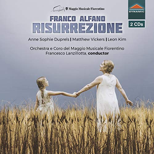 A woman and a young girl in white dresses hold hands in a wheat field.