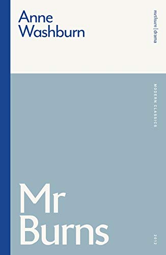 Book cover: "Mr Burns" by Anne Washburn, split blue and white design.