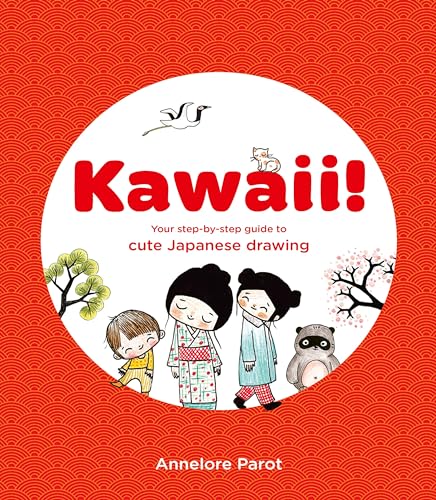 Book cover titled Kawaii! featuring illustrations of children, a tanuki, and nature on red background.