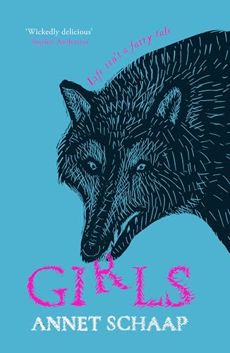Book cover: stylized wolf head illustration over blue with pink title "Girls".
