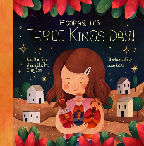 Book cover: girl holding dolls, village backdrop, celebrating Three Kings Day.