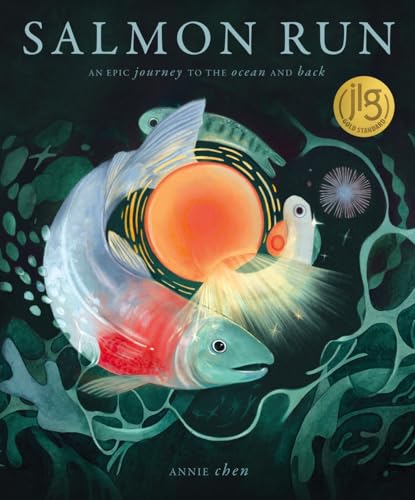 Book cover depicting salmon swimming in swirling teal and gold waters.