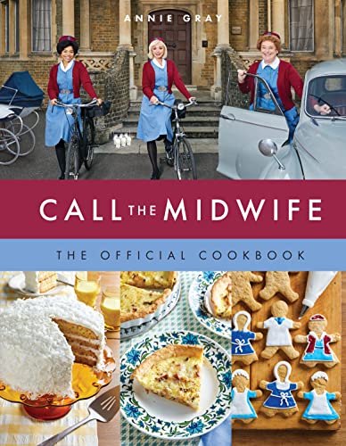 “Call the Midwife” cookbook cover with midwives, bicycles, and baked goods.