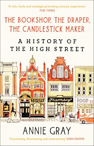 Book cover illustration featuring colorful line drawings of historic high street shop fronts.