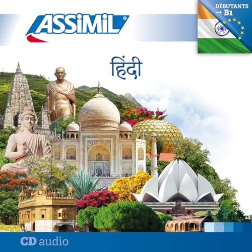 Assimil Hindi language course cover with Indian landmarks and flags.