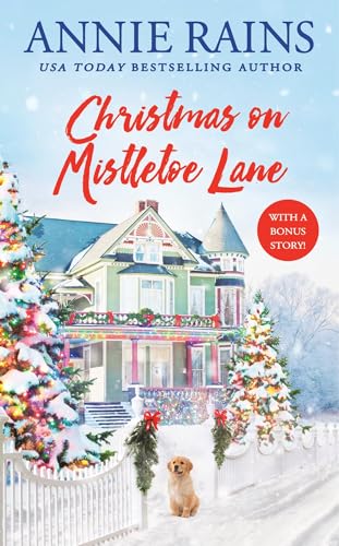 Book cover: snowy house, Christmas decorations, and a golden retriever puppy.
