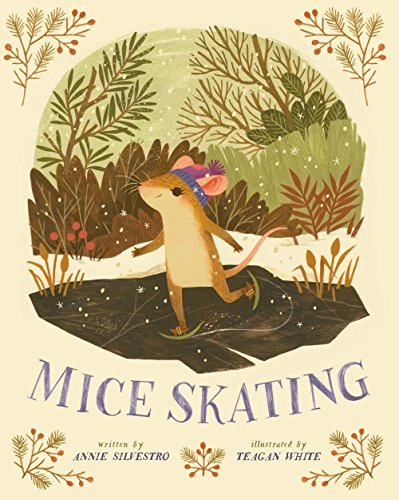 A mouse wearing a hat skates on ice surrounded by winter foliage.