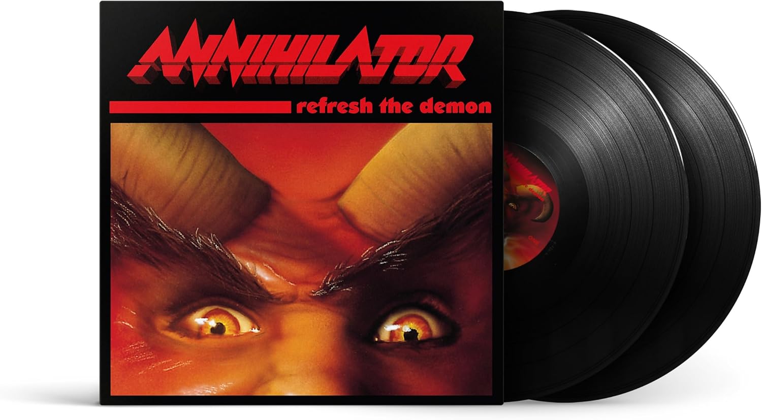Vinyl record sleeve featuring a demonic face with horns and two black vinyl discs.