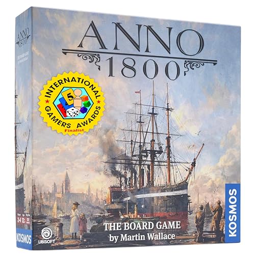 Box for "Anno 1800" board game featuring sailing ships and a harbor scene.