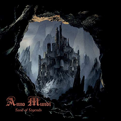 A dark stone castle sits on a mountain peak viewed through a cave opening.