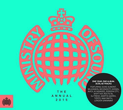 "Ministry of Sound: The Annual 2015 CD cover featuring a red logo on teal background."