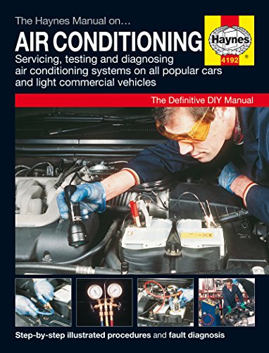 Haynes manual cover: air conditioning repair with mechanic and engine bay image.