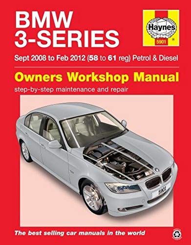 BMW 3-Series repair manual cover with silver car and open hood.