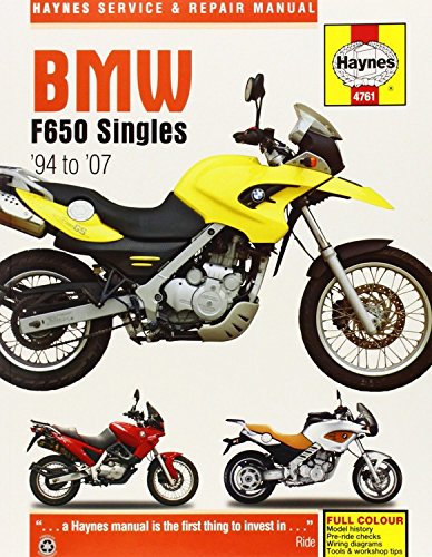 Haynes repair manual cover featuring a yellow BMW F650 motorcycle.